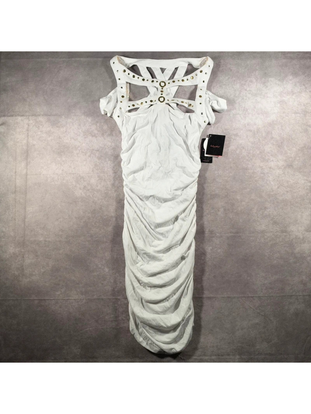 NWT Vintage Baby Phat Y2K White Ruched Bodycon Mini Dress Rhinestone Cat XS